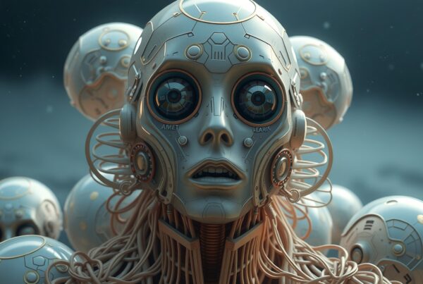 Futuristic humanoid robot with mechanical face and intricate design, surrounded by robotic spheres, set in a soft gradient background.