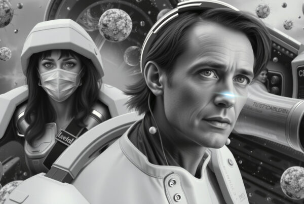 Futuristic sci-fi space explorers in monochrome digital art with glowing tech and asteroids
