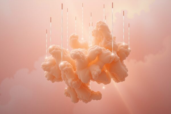 Abstract cloud installation with glowing lights suspended in a pink sky.