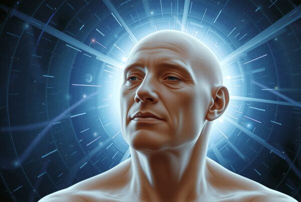 A bald man in a futuristic setting, surrounded by an ethereal, glowing light, suggesting themes of technology and cosmic exploration.