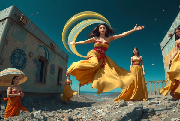 Surreal scene of women in yellow dresses leaping and posing against an eclectic architectural backdrop under a deep blue sky.