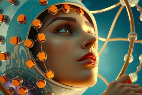 Futuristic woman with detailed headpiece and vibrant colors in sci-fi setting.