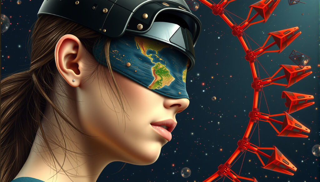 Conceptual portrait of a woman wearing a globe-map visor, surrou