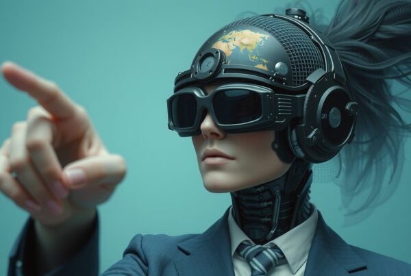 Futuristic portrait of a humanoid with cybernetic headgear and a suit, pointing forward.