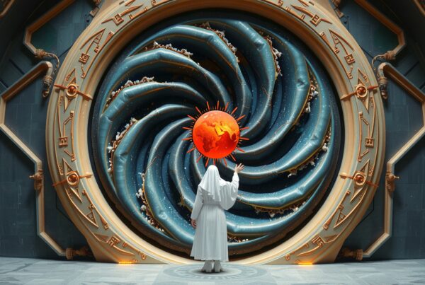 A mysterious figure reaches towards a glowing cosmic portal with swirling patterns.