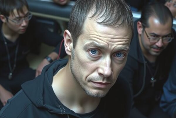 A man with blue eyes stares intensely among others in a dim indoor setting.