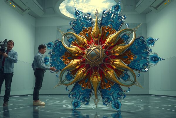 Futuristic sculpture filmed in modern exhibition space.