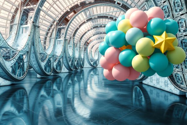 A mix of pastel balloons floats in a futuristic hallway with elaborate arches, creating a whimsical and modern artistic scene.
