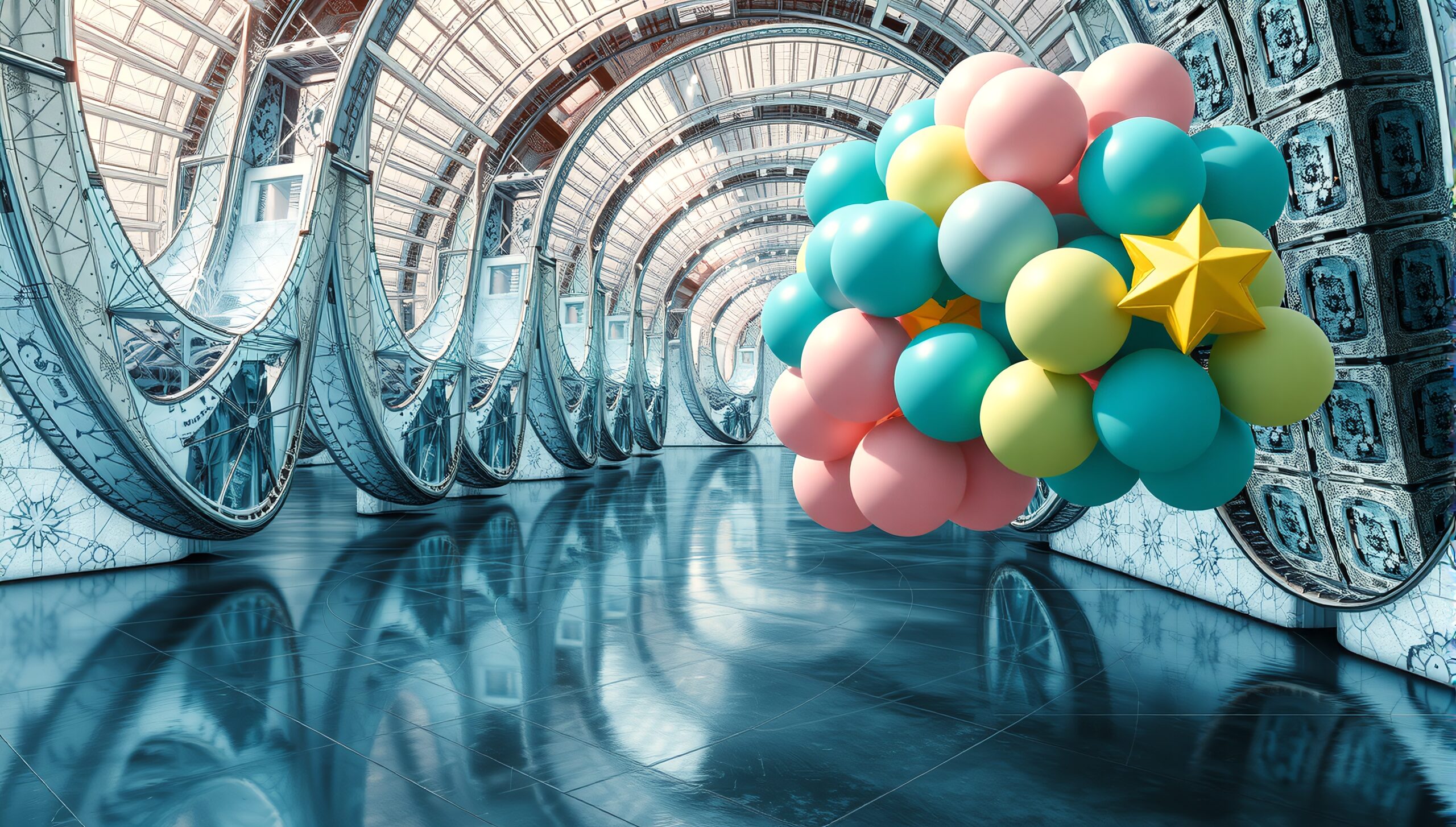 Futuristic Hall with Playful Balloons