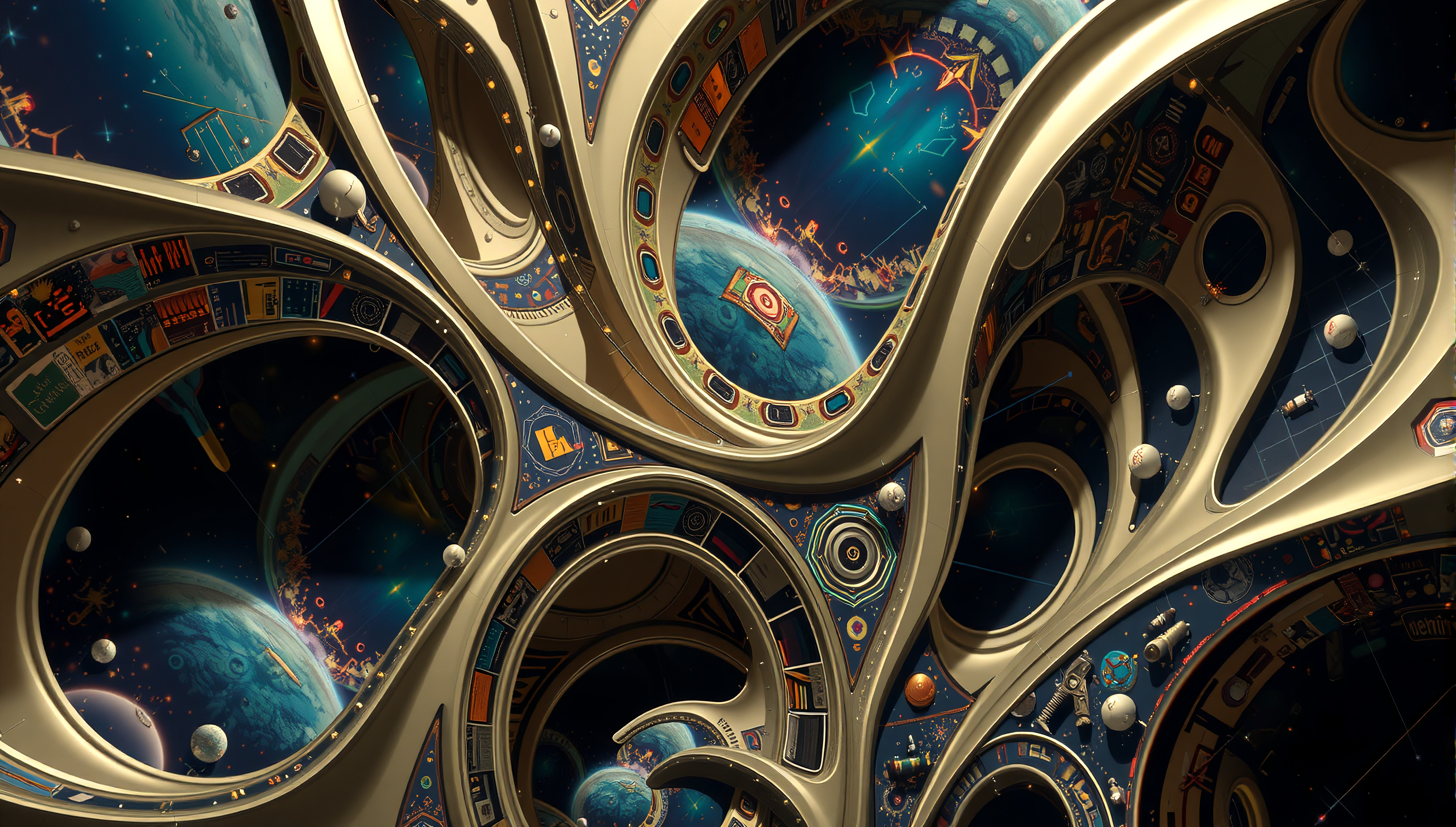 Futuristic Space Station Interior with Cosmic Windows