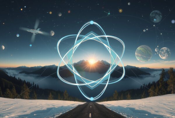 Surreal image of a sunrise over snowy mountains with an atomic structure and celestial elements.