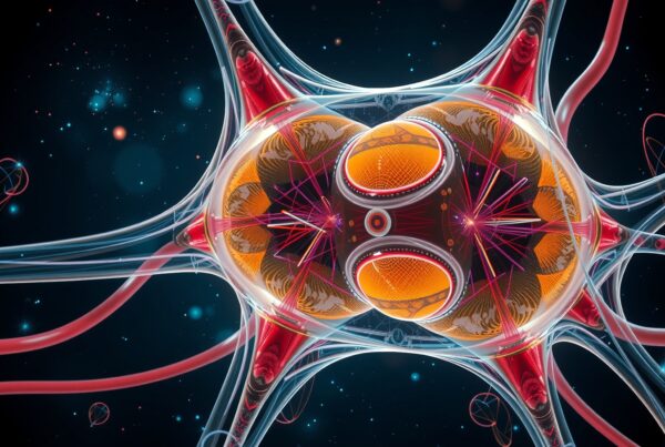 A digital rendering of an abstract neural structure with vibrant colors and intricate connections against a cosmic background.