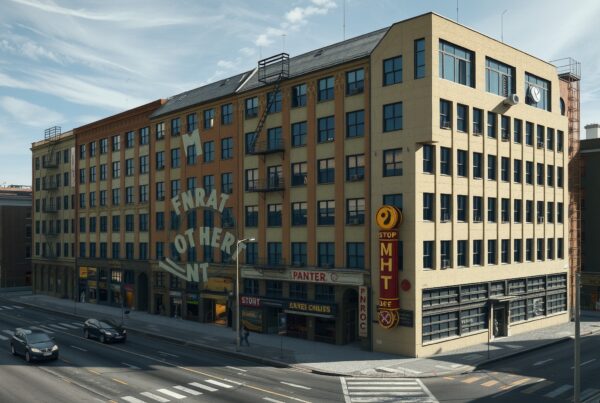 A bustling urban street corner with a historic six-story building and busy traffic.