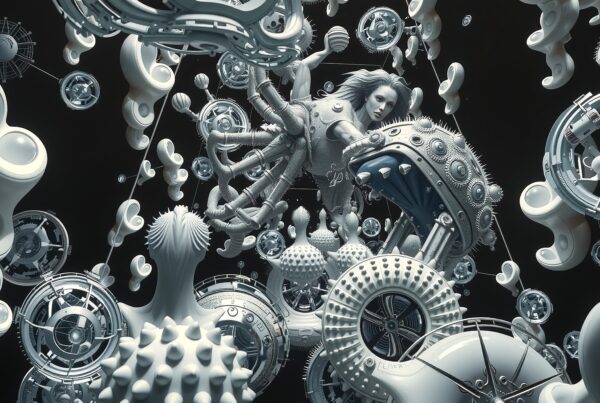 Futuristic humanoid and mechanical objects in a surreal, abstract setting.