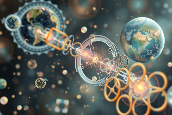 Abstract rendering of interconnected planets and rings, representing space, technology, and global networks.