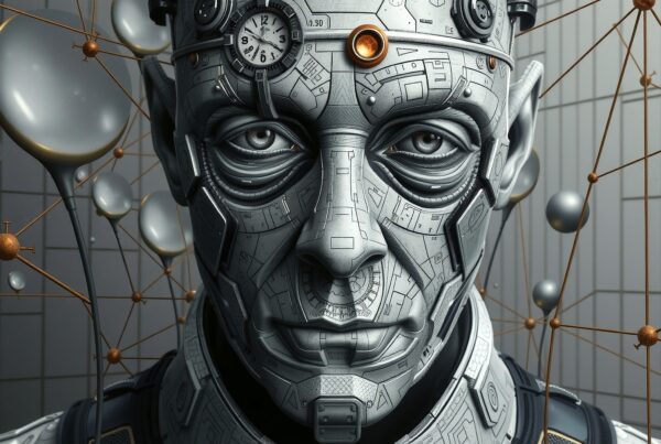 A futuristic humanoid robot with intricate metallic detailing, featuring a central clock and glowing element, set against a geometric backdrop.