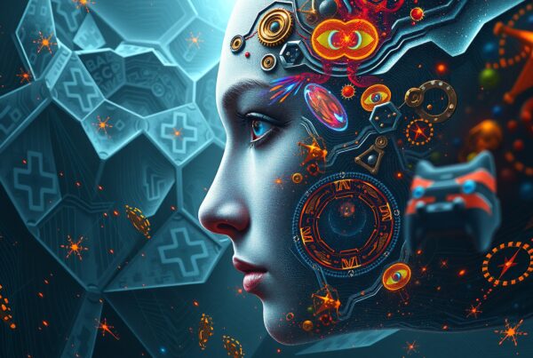 Futuristic image of human face with technological elements.