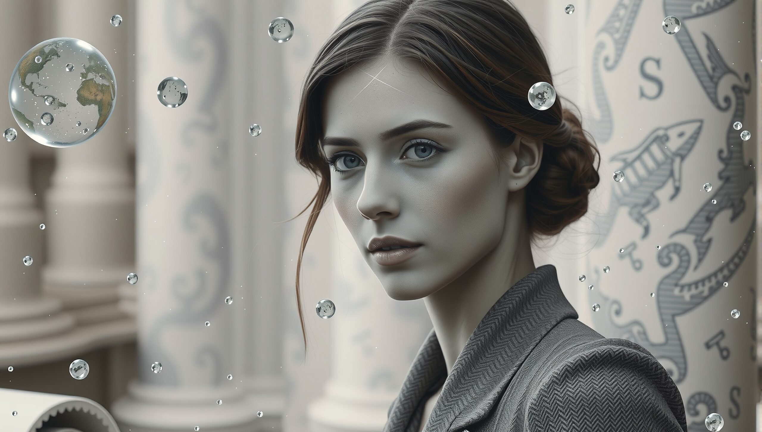 Enigmatic Woman Among Floating Bubbles