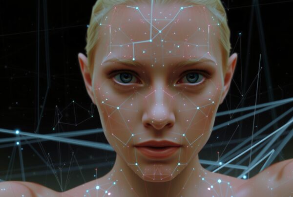 A digital face with glowing geometric patterns and an intense gaze in a dark, futuristic setting.