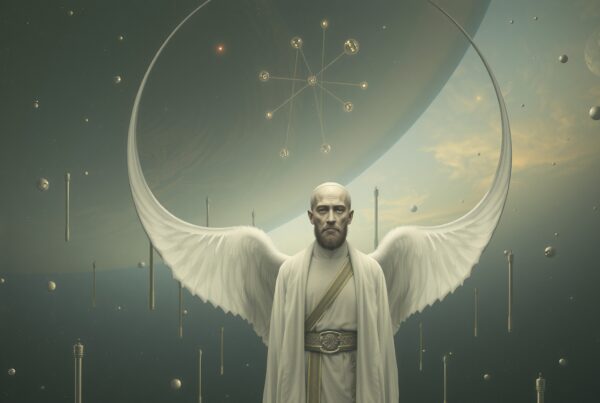 A majestic figure with angel wings in a cosmic setting, surrounded by celestial bodies and ethereal light.