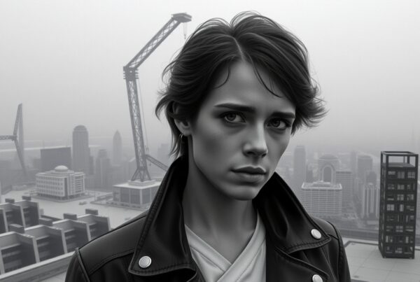 A thoughtful person stands on a foggy rooftop overlooking a futuristic cityscape with cranes and technology.