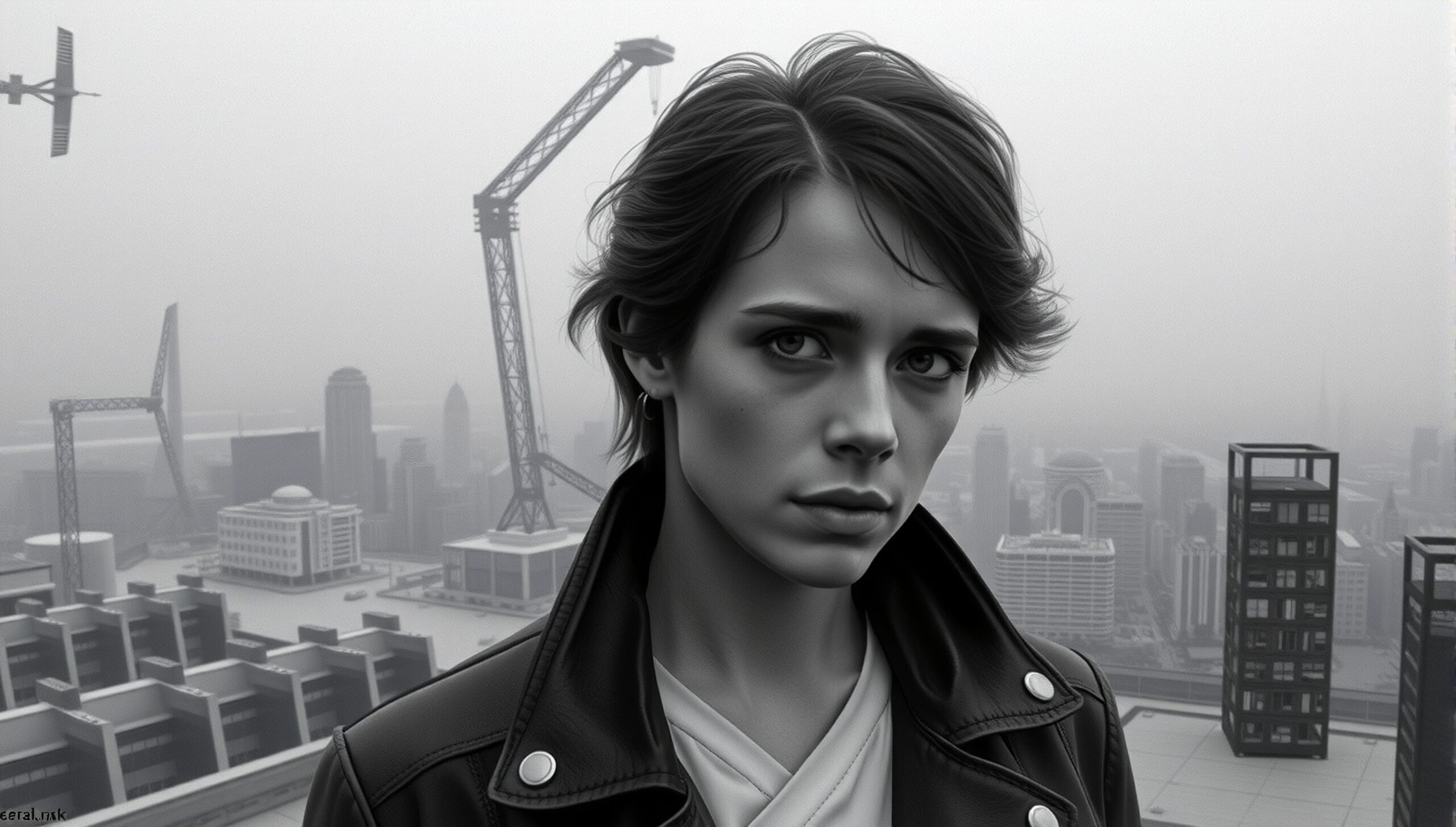 Misty Urban Rooftop Contemplation