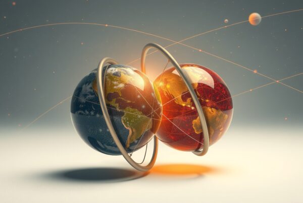 Two artistic globes in cosmic balance.
