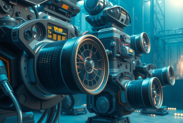 Futuristic machinery close-up with dials and turbines.