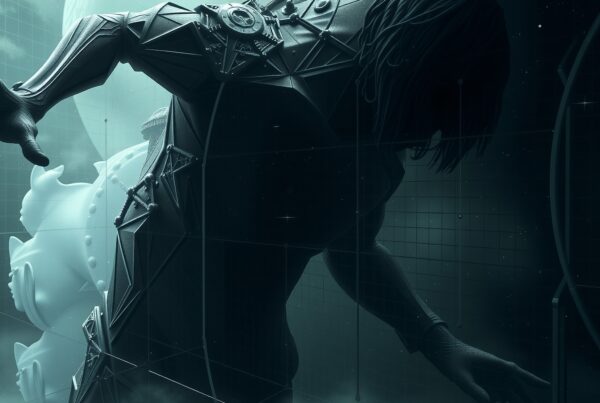 A futuristic humanoid figure with geometric patterns emerges in a dark, sci-fi setting.