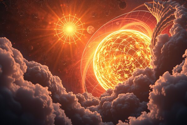 A stunning depiction of a glowing sun surrounded by swirling clouds and celestial orbs in a futuristic cosmic scene.
