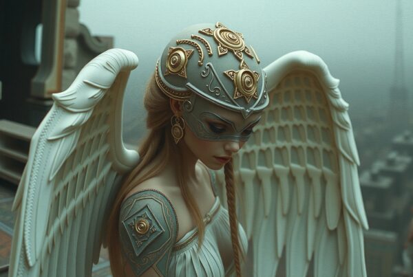 A mythical winged warrior with intricate golden armor and serene expression in a misty cityscape.