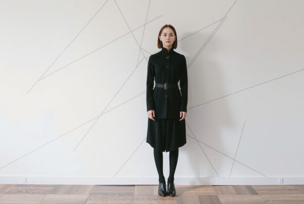 A woman in black attire stands before a geometric art wall.