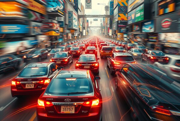 Image of heavy traffic on a busy city street surrounded by colorful billboards and lights.