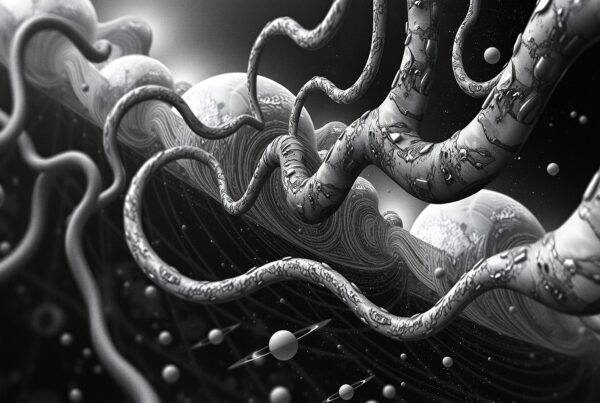 A surreal black and white scene with twisting tentacles and floating spheres in a mysterious, abstract design.