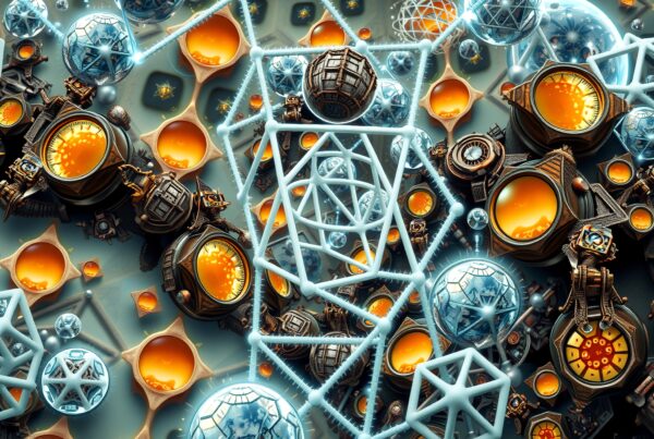 Detailed image of futuristic, complex geometric structures glowing with energy cores.