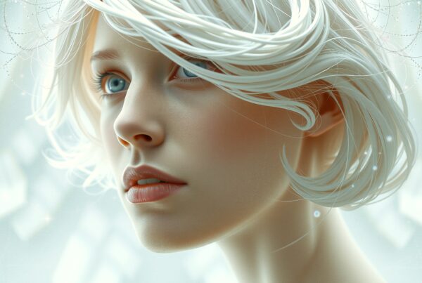 A close-up of a young woman with platinum blonde hair, highlighting her ethereal beauty.