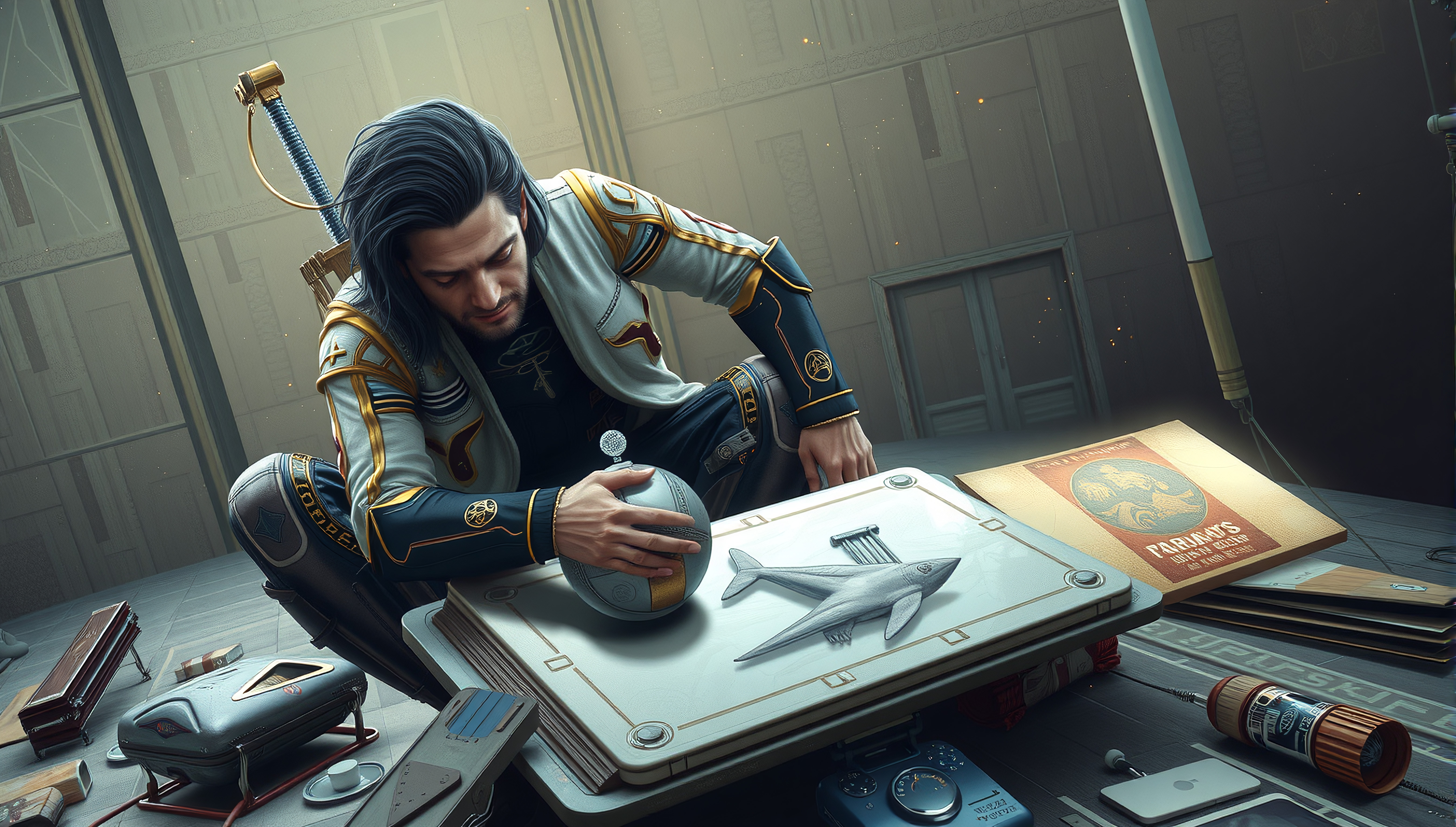 Futuristic Scholar in Study with Aircraft Book