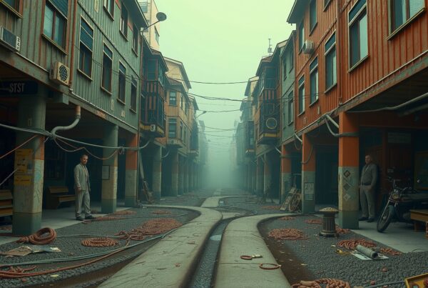 Eerie urban alleyway with fog-covered street, scattered debris, and orange buildings in a dystopian setting.