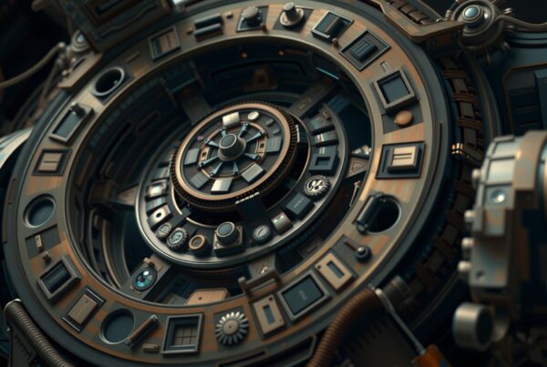 Intricate steampunk design with gears, dials, and knobs.