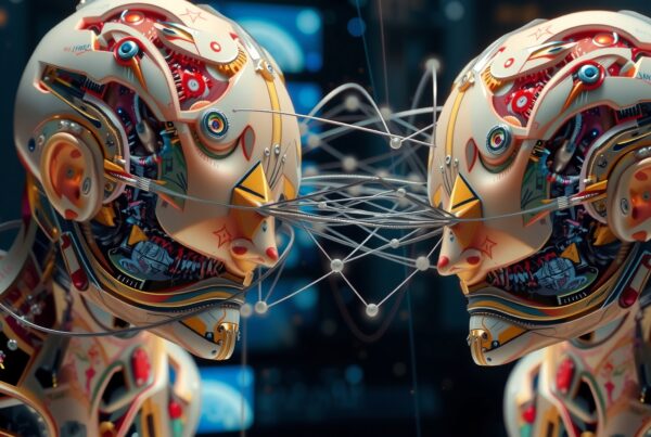 Intricately designed robotic heads connected.