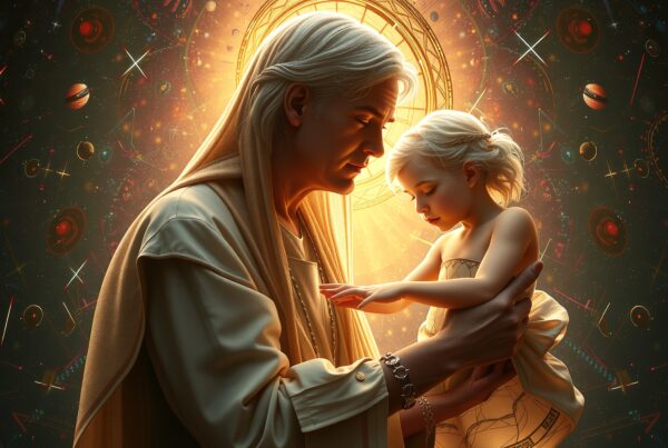 A gentle elder and child surrounded by celestial symbols, creating a serene, mystical atmosphere.