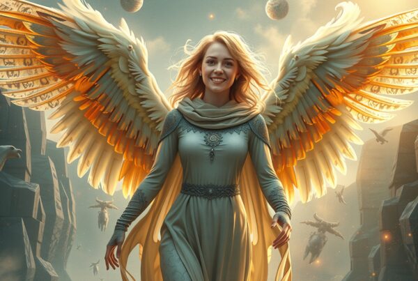 A divine figure with radiant golden wings in an ethereal fantasy setting.