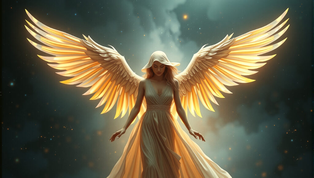 Celestial Angel with Golden Wings Against Starry Cosmic Backdrop