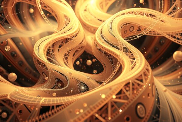 Abstract digital artwork with intertwining golden structures resembling roller coasters in a complex, elegant design.