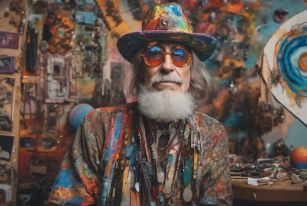 An artistic elderly man with a colorful ensemble sits in a vividly decorated studio, showcasing an eclectic style and bohemian flair.