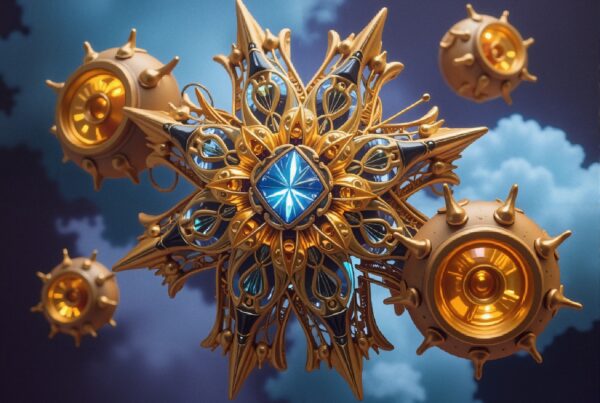 Celestial steampunk artwork with intricate gold design and blue diamond.