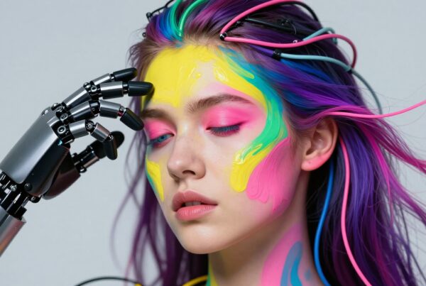 A young woman with vibrant painted face and a robotic hand, showcasing futuristic technology and vivid artistic expression.