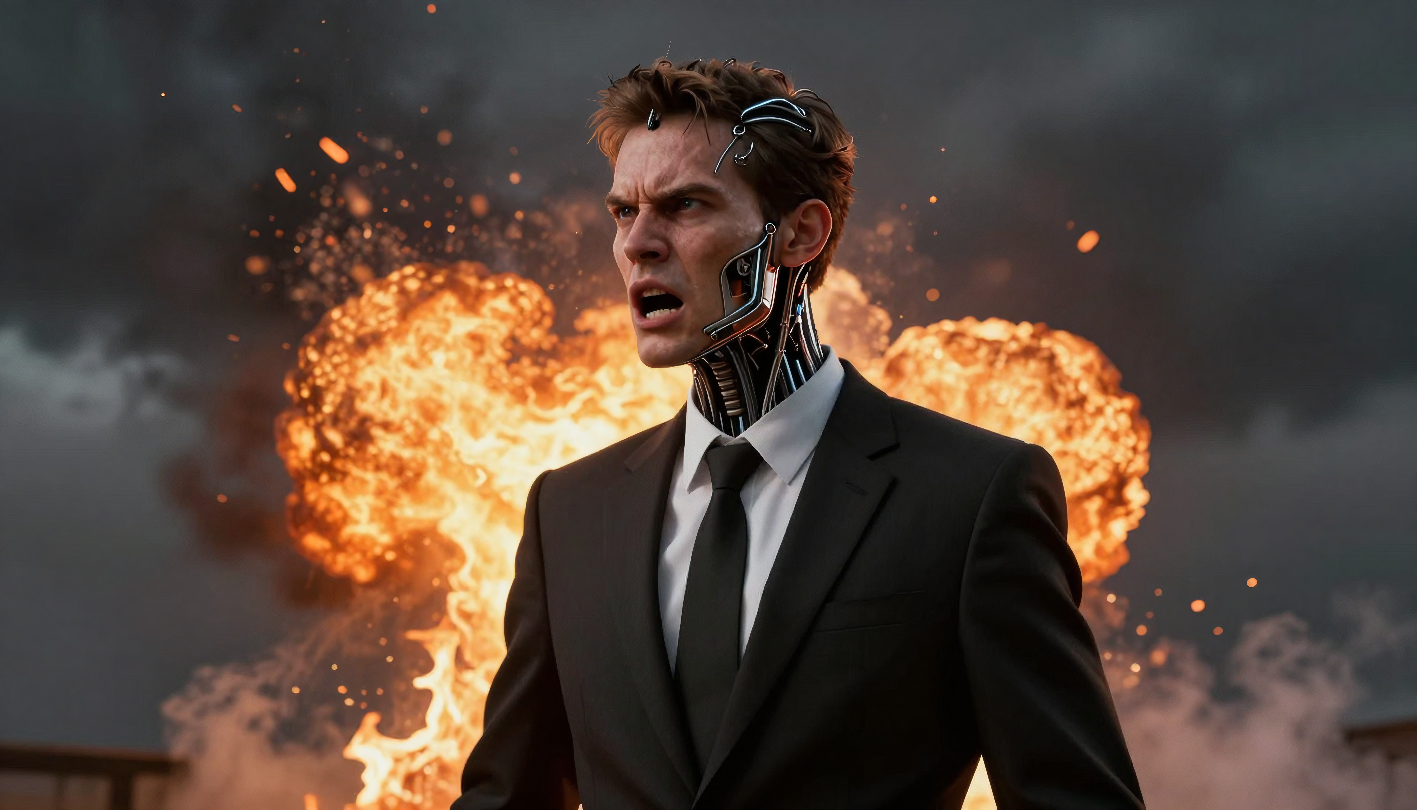 Cyborg in Business Suit Amidst Explosions