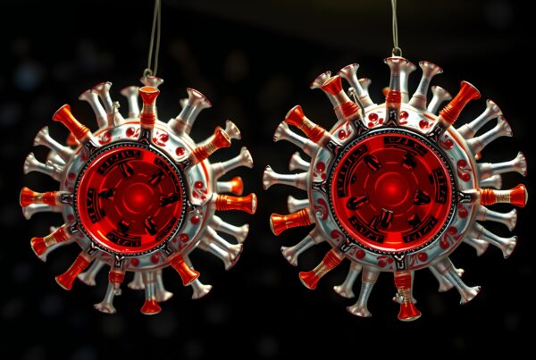 Futuristic metallic ornaments resembling viruses.