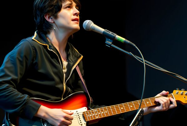 Young musician passionately performs on stage, playing an electric guitar and singing into a microphone.
